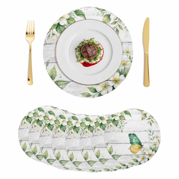 Spring Botanical Round 15 Inch Placemats Set of 8, Watercolor Floral Butterfly Country Wood Gray HeatResistant Non Slip Place Mats for Dining Table, Wipeable Kitchen Table Mats for Housewarming