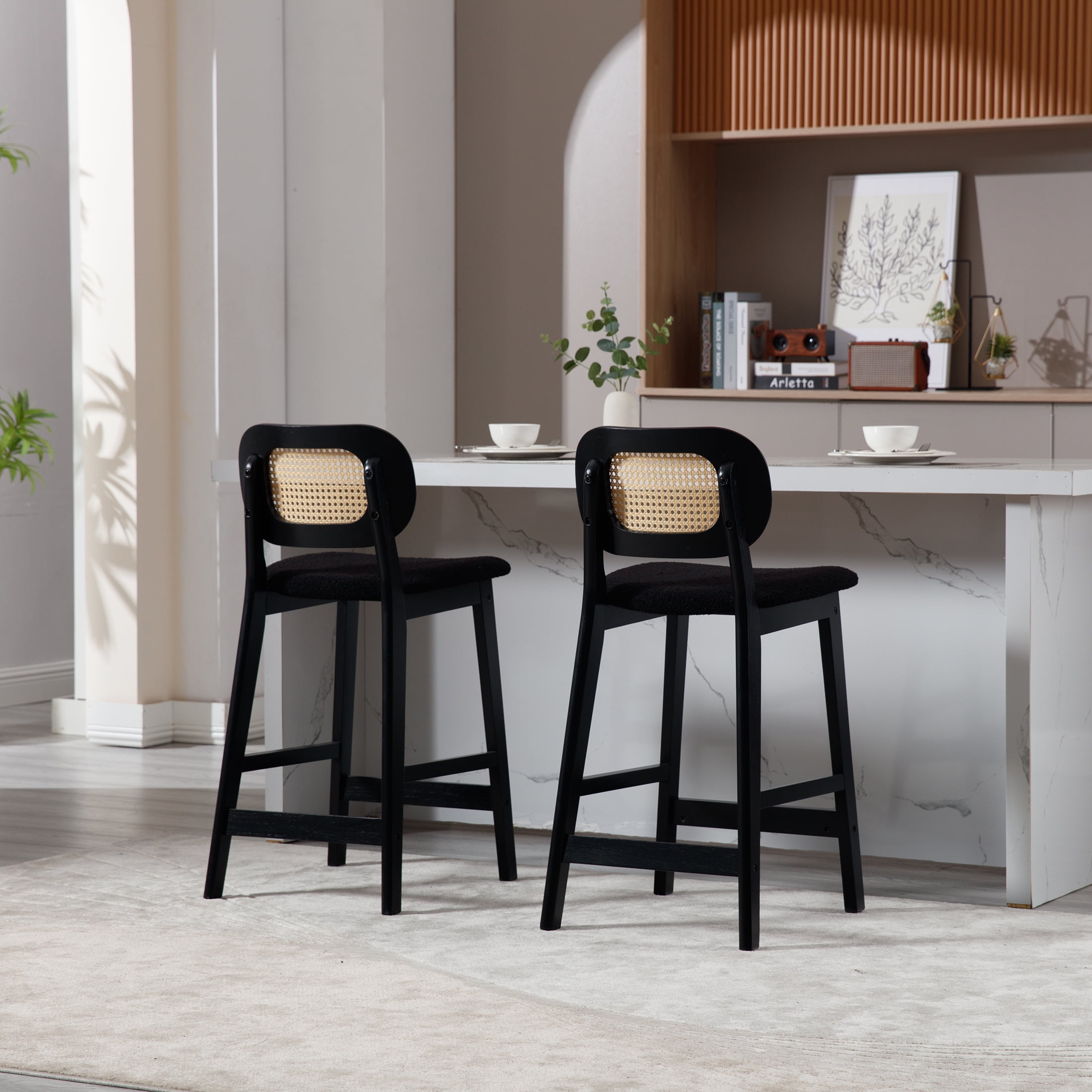 Guyou Rattan Counter Height Bar Stools Set of 2, Mid-Century Modern Wooden Farmhouse Bar Stools, Sherpa Upholstered Kitchen Island Barstools for Breakfast Bar Bistro, Black