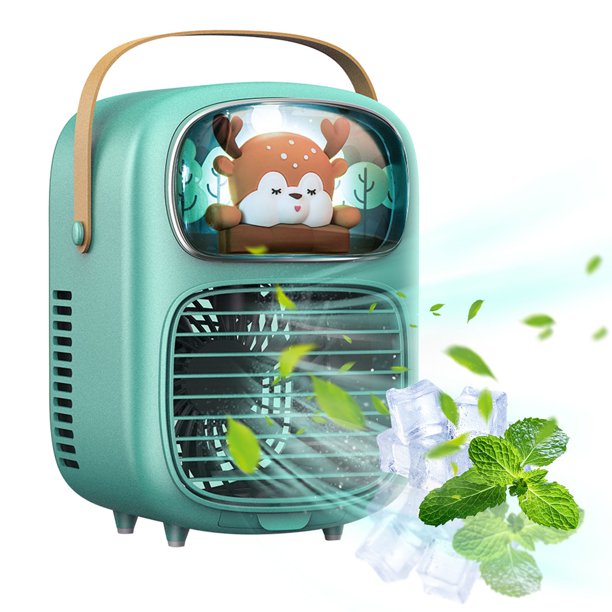 Enfriador de aire portátil de escritorio con tanque de agua de 400 ml y bandeja de hielo | Ventilador de 4 velocidades, nebulizador, luz nocturna y humidificador | Recargable por USB para el hogar,