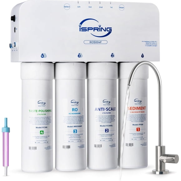 iSpring RO5004F Reverse Osmosis Water Filter with UV, 500 GPD RO System Under Sink, 2:1 Pure to Drain, Tankless RO Water Filtration System with Boost Pump, Filter Life Monitor, Reduces PFAS, TDS, Lead