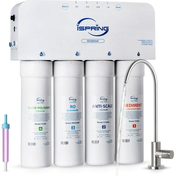 iSpring RO5004F Reverse Osmosis Water Filter with UV, 500 GPD RO System Under Sink, 2:1 Pure to Drain, Tankless RO Water Filtration System with Boost Pump, Filter Life Monitor, Reduces PFAS, TDS, Lead