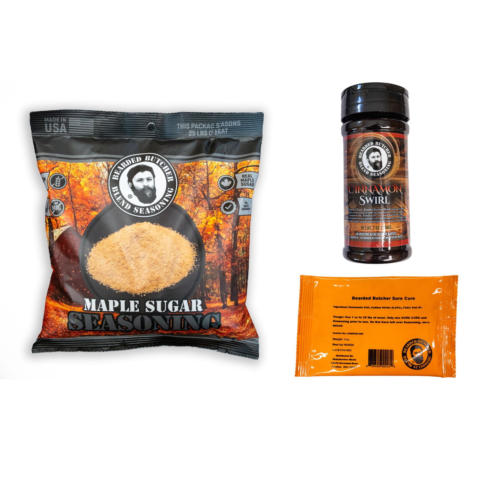 The Bearded Butchers Maple Bacon DIY Kit, Seasons Up to 25 lbs of Meat, Includes Maple Sugar Seasoning, Curing Salt, and Cinnamon Swirl Shaker