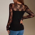 thumbnail image 6 of Sexlip Women Long Sleeve Floral Sheer Lace Panel Top Crew Neck Sweetheart Solid Front Fitted Stretch Skinny Elegant Date Night Layering Base Blouse Black XL, 6 of 7