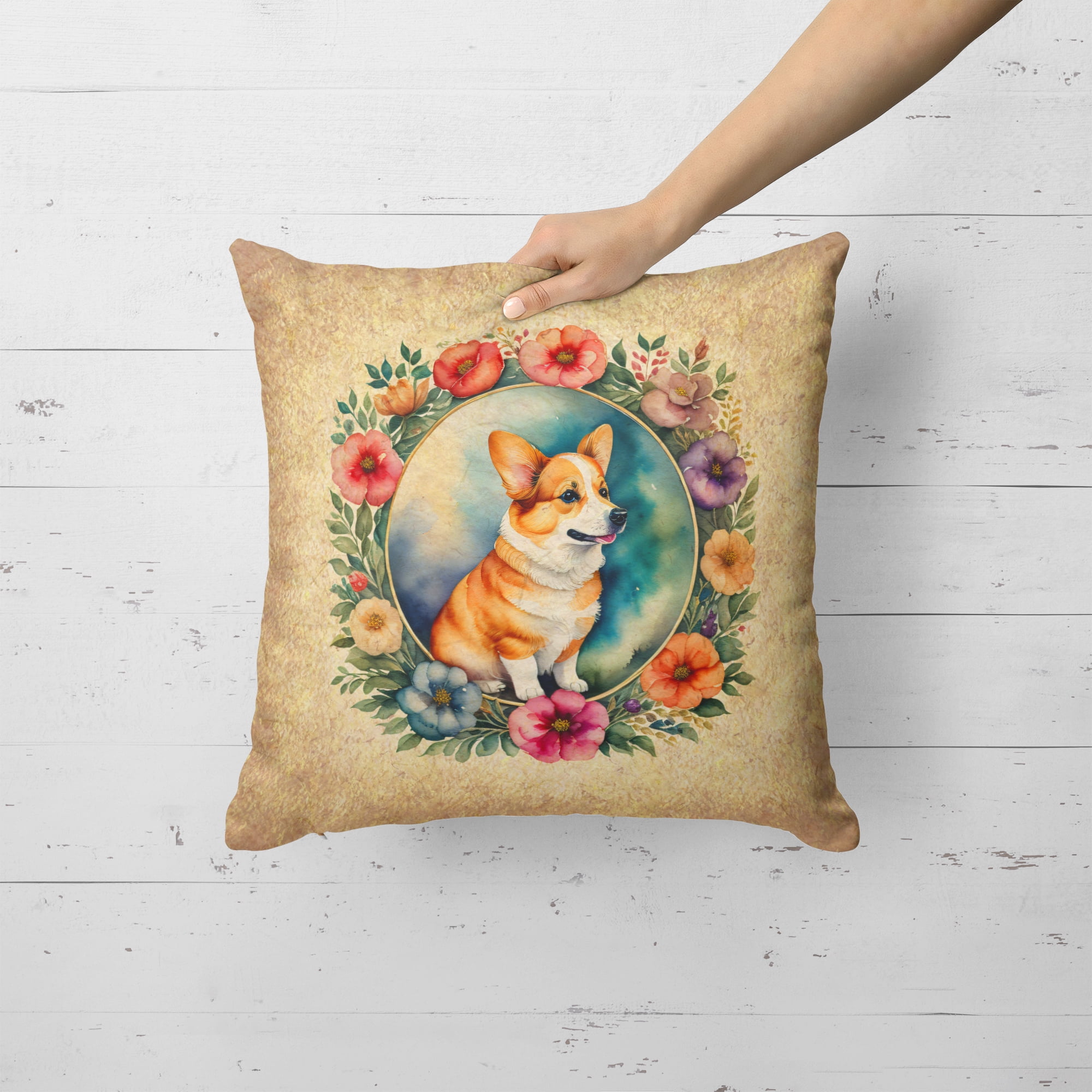 Corgi and Flowers Fabric Decorative Pillow 18 in x 18 in