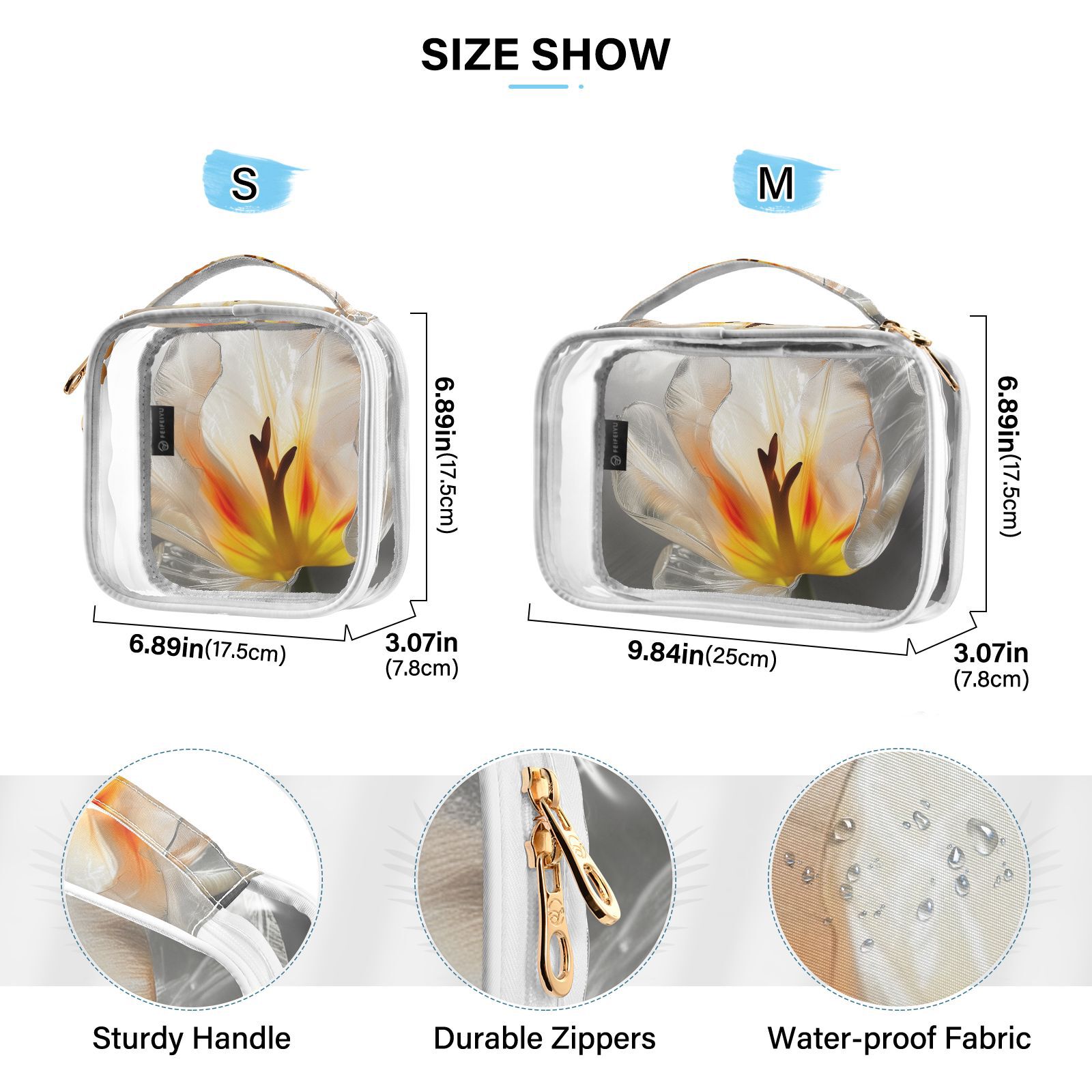 Clear Makeup Bags with Handle Large Opening 2 Pack Set Toiletry Bag Quart Size Bag, for Women Man Traveling Travel Essentials, Toiletries and Other. Transparent Tulipa Pure