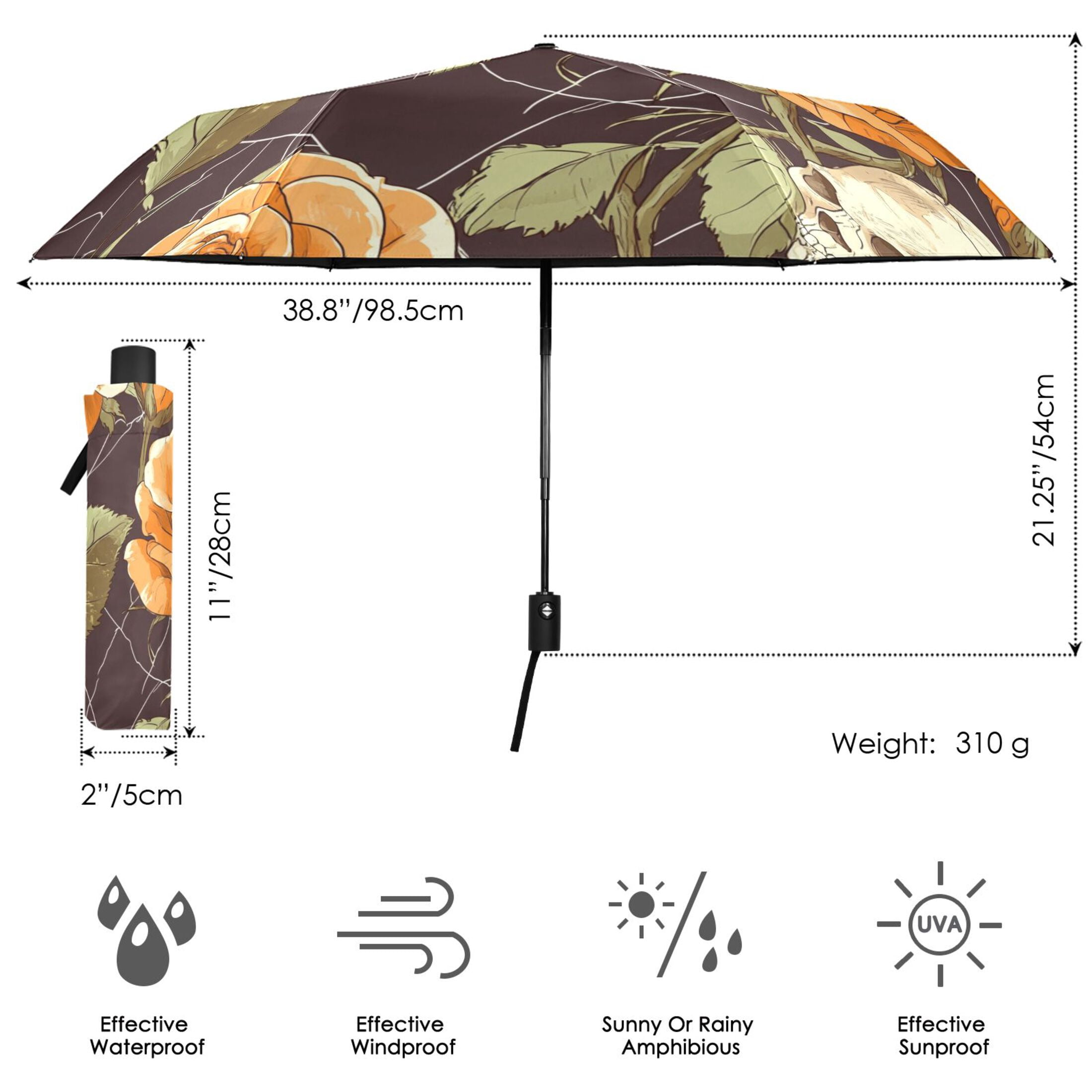 Rose and Skull Folding Umbrella UV50+ Waterproof Sun Protection Auto Open Close Compact Fiberglass Frame