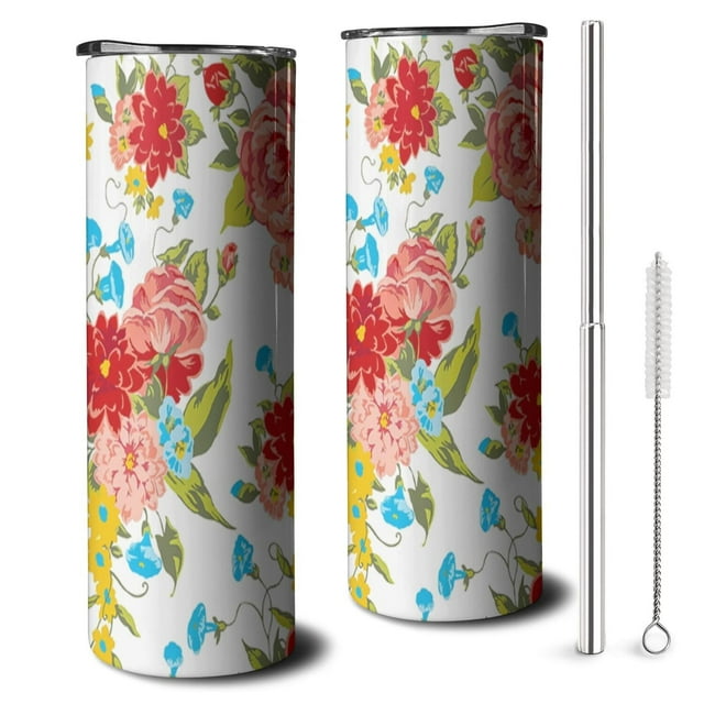 Flower Skinny Tumbler with Lid and Straw, 20 oz stainless steel travel cup featuring a vibrant pioneer flower design. Includes a BPA-free eco-friendly lid, a reusable straw, and a cleaning brush. Double-walled vacuum insulation keeps beverages hot for up to 6 hours and cold for up to 9 hours. Suitable for indoor and outdoor use, such as camping, picnics, or office settings. Made of durable, food-grade 304 stainless steel.