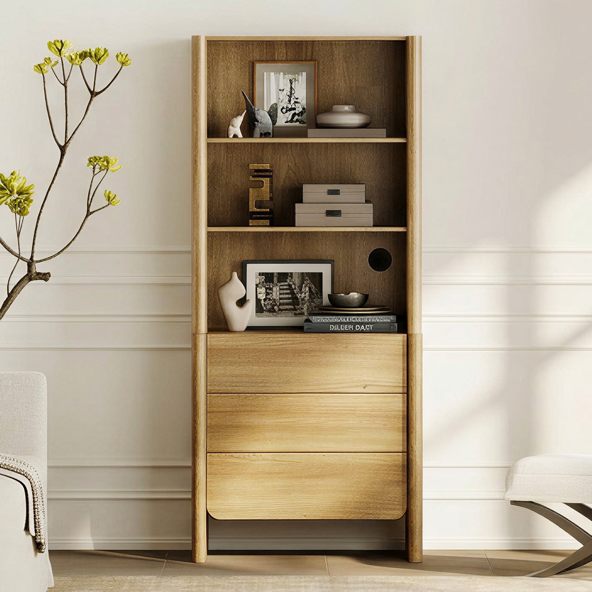 31.5-Inch Modern French Bookcase with Curved Edges, 3 Drawers and Open Shelves, 72.8" Tall, Walnut
