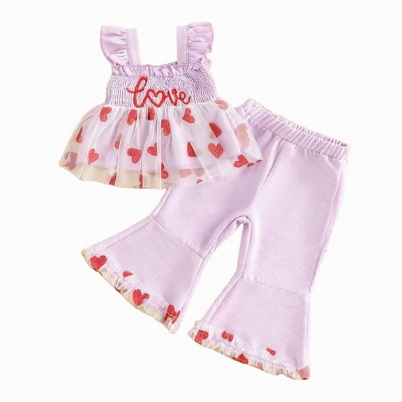 Xyant Toddler Girl Valentines Outfit Baby Ruffle Sleeveless Dresses Shirt Flared Pant Set Infant Spring Clothes (Red,18-24 Months）