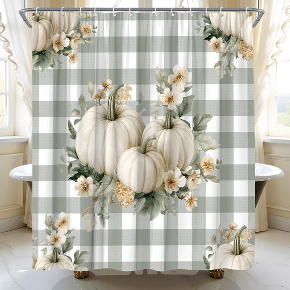Fall Pumpkin Shower Curtain, Autumn Harvest Sage Green Buffalo Check Waterproof Bathroom Curtain with Hooks, Farmhouse Thanksgiving Decor 36"W x 72"H