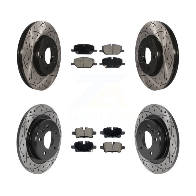 Transit Auto Front Rear Coated Drilled Slotted Disc Brake Rotors and Ceramic Pads Kit for Car 2022-2023 GMC Terrain with 321mm Diameter Rotor KDC-101195