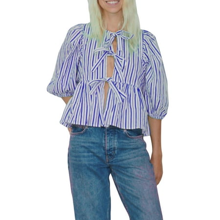 Michellecmm Women s Striped Babydoll Tops Loose Fitting Round Neck Open Front Tie-Up Half Sleeve Ruffled Blouse for Summer