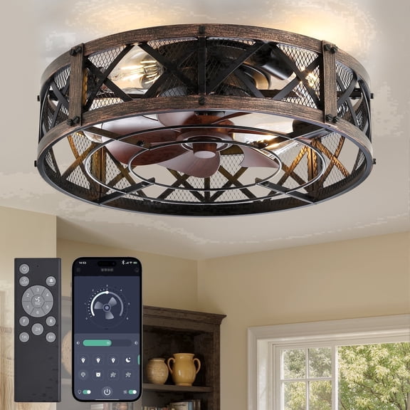 Lokivas 20in Farmhouse Low Profile Ceiling Fan with Light, App & Remote Control, 6 Speeds, Bladeless for Bedroom, Living Room, Black and Gold
