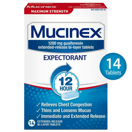 Mucinex Maximum Strength 12 Hour Chest Congestion Expectorant Relief Tablets, 1200 mg, 14 Count, Thins & Loosens (Best Medicine For Flu Congestion)