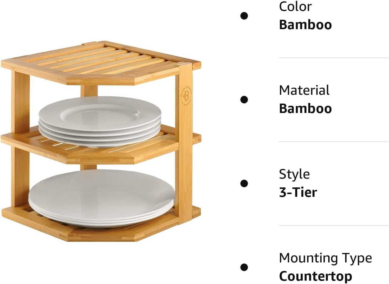 3-Tier Bamboo Corner Shelf Organizer for Cabinet Countertop, Plate Organizer for Cabinet, Cupboard Organizer, Black