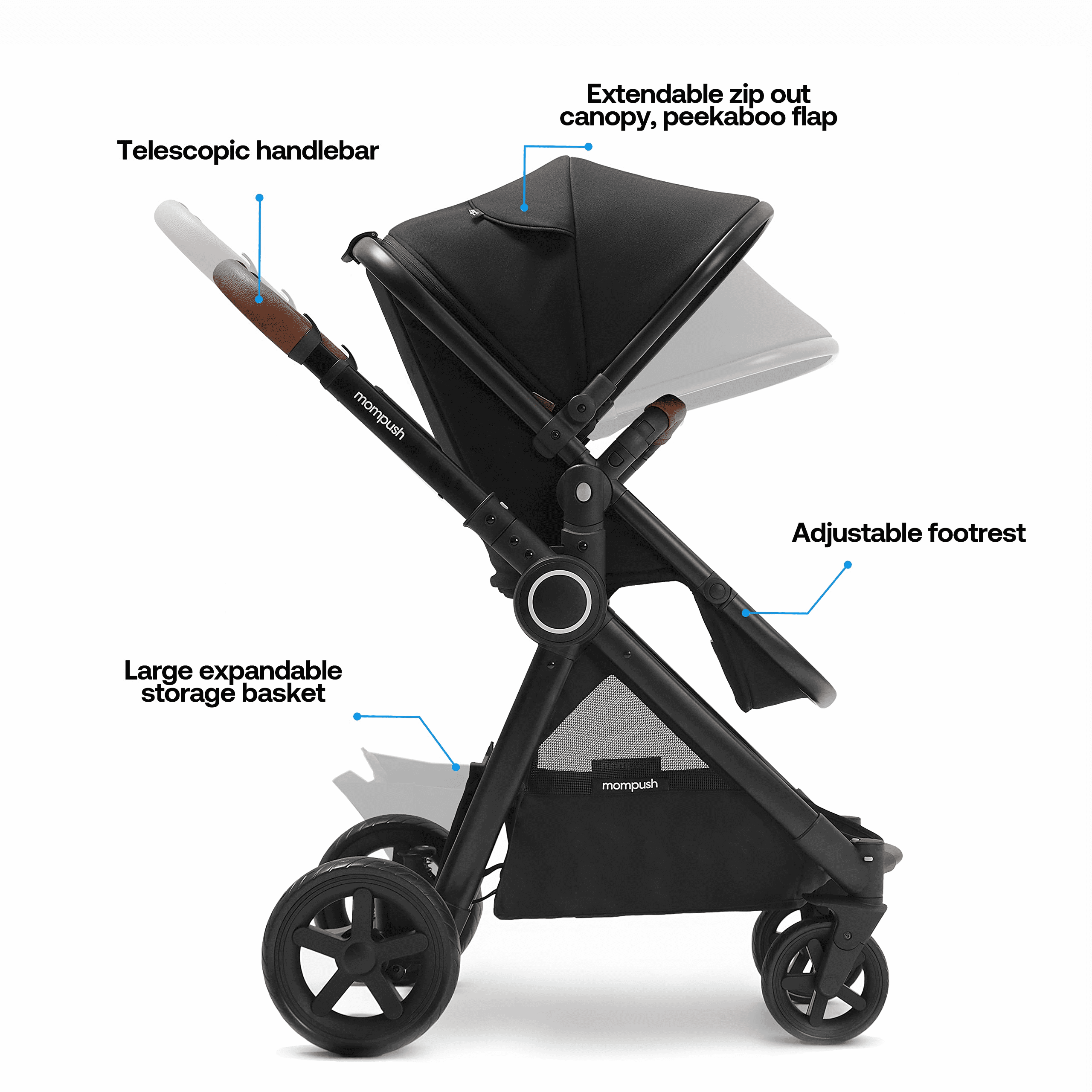 Mompush Ultimate2 Premium Baby Stroller with Bassinet, Black