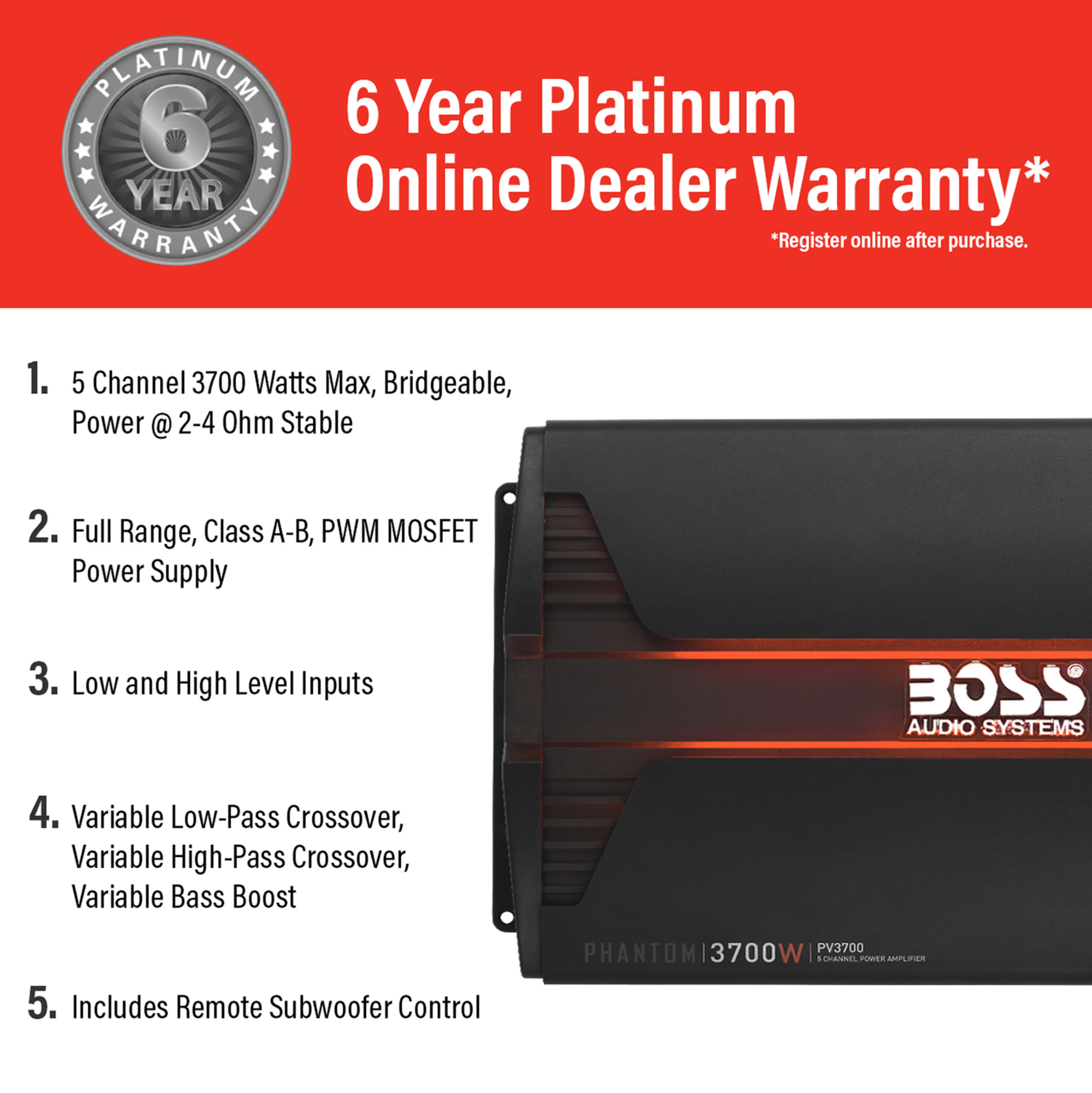 BOSS Audio Systems PV3700 Phantom Series Car Audio Amplifier – 3700 High  Output, Channel, 2/4 Ohm Stable, Low/High Level Inputs, High/Low Pass  Crossover, Full Range, Bridgeable, Subwoofer