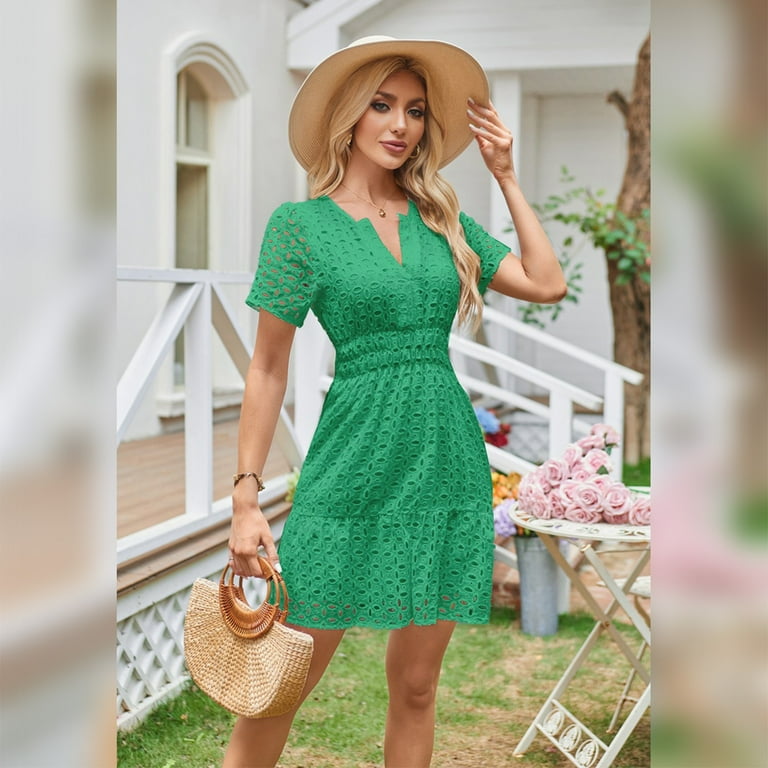 IBTOM CASTLE Women Short Sleeve Hollow Out Mini Dress Summer Casual Ruffle  A-Line V Neck Sundress Beach Lace Vacation Dress M Green - Walmart.com