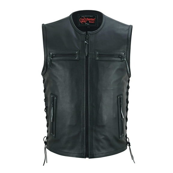 Daniel Smart S to 6XL Leather Vest For Men Full Blacked Style Vest with Front Zipper, Side Laces