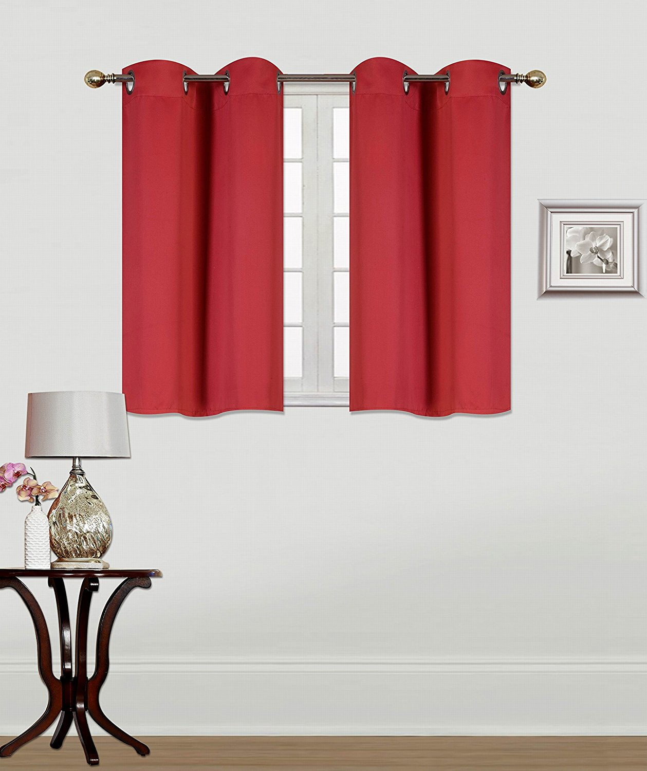(K54) Bright Red 2 Panel Silver Grommets Kitchen Tier Window Curtain 3