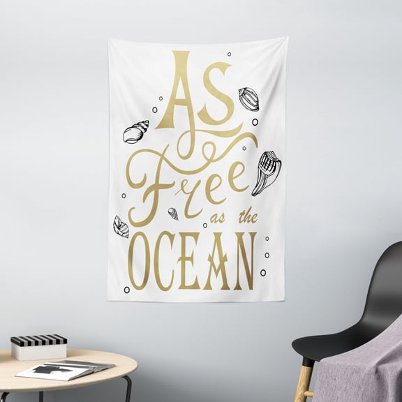 Beach Saying Tapestry, As Free As The Ocean Creative Slogan with Sketched Seashells, Wall Hanging for Bedroom Living Room Dorm Decor, 40W X 60L Inches, Brown Black and White, by Ambesonne