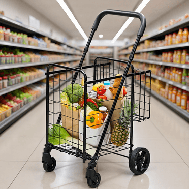 YYAo Grocery Shopping Cart, Utility Cart, Trolley Cart, Folding Shopping Cart Basket Rolling Trolley with Adjustable Handle-Black
