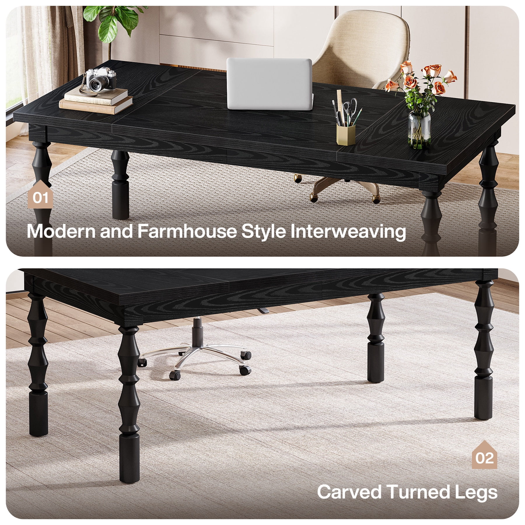 Tribesigns 62.2-Inch Large Wood Executive Desk, Farmhouse Style Writing/Study Table, Business Office Workstation Furniture with Carved Turned Legs, Black