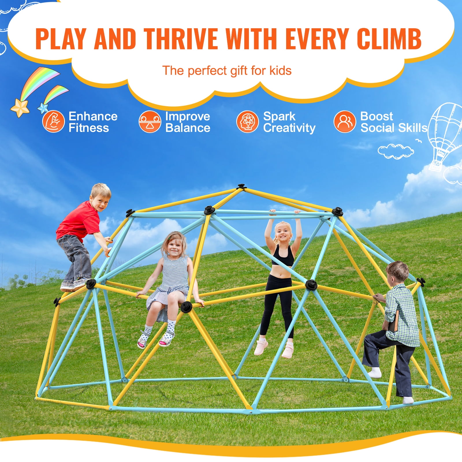 KFFKFF Geometric Climbing Structure, 10FT Dome with Climbing Grips, Supports up to 750LBS, Simple Setup, Ideal for Children Aged 3-10, Outdoor Play Equipment for Backyard Fun