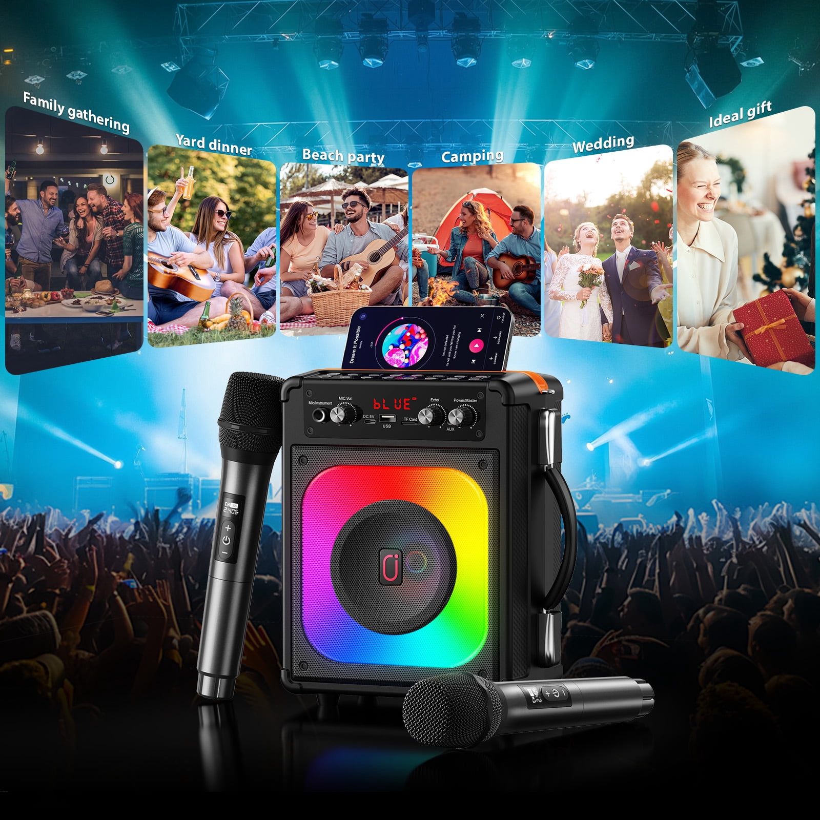 Upgrade Karaoke Machine voor Volwassenen en Kinderen, Draagbare Bluetooth 2 UHF Draadloze Karaoke Microfoon met Houder/USB/TF Kaart/AUX-in, PA Luidspreker Systeem voor Thuisfeest, Picknick, Auto