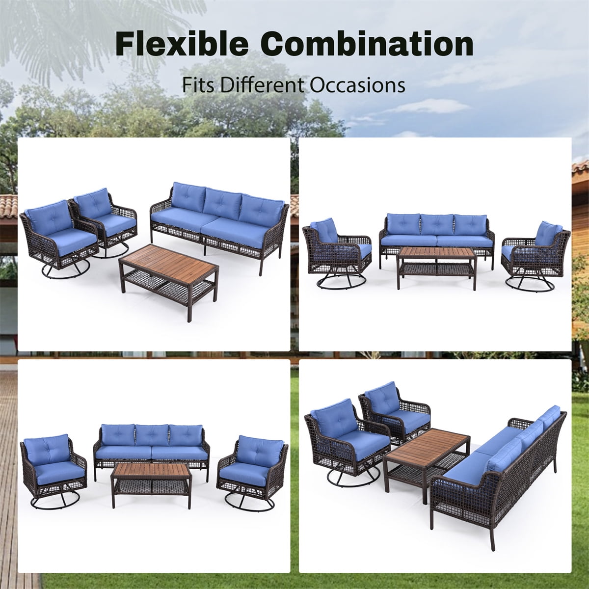 HighSound Patio Furniture Set, 5 Piece Outdoor Conversation Set with Rocking Swivel Chairs, Wicker Rattan Outdoor Sofa Set with Coffee Table for Backyard, Deck, Porch, Blue Cushions