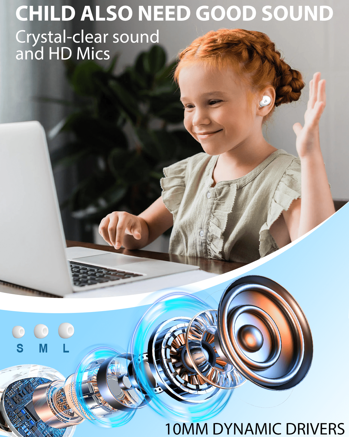 Wireless Earbuds for Kids, Built with Mic, 85dB Safe Volume, Light Weight, Bluetooth 5.3, IPX6 Waterproof, Passive Noise Cancelling, Girls Boys Teen Earbuds for School Travel, Panda