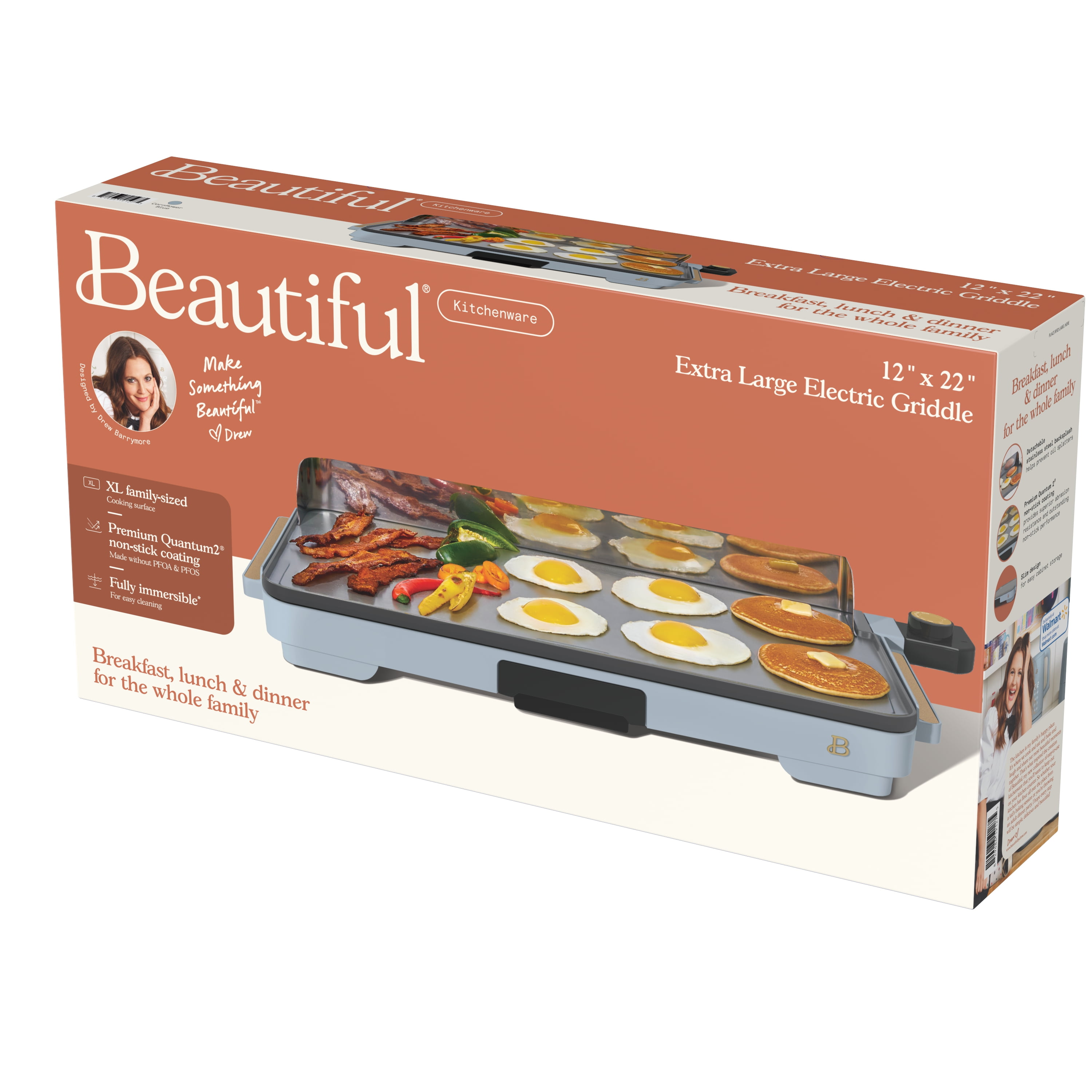 Beautiful XL Electric Griddle 12" x 22," Non-stick, Cornflower Blue by Drew Barrymore