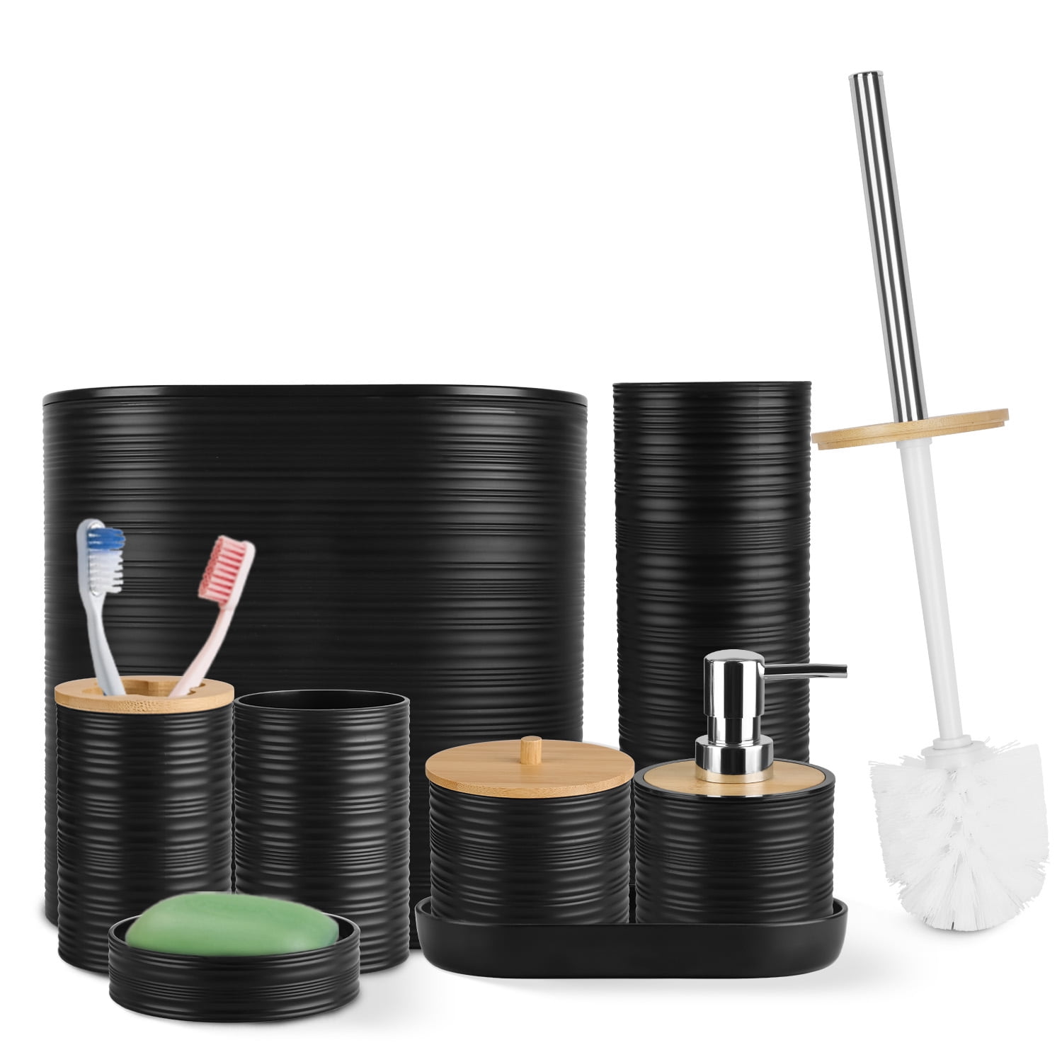 Imountek 8Pcs Bathroom Accessories Set, ABS & Bamboo Black Bathroom Decor Sets with Trash Can Toilet Brush for Home Hotel Office