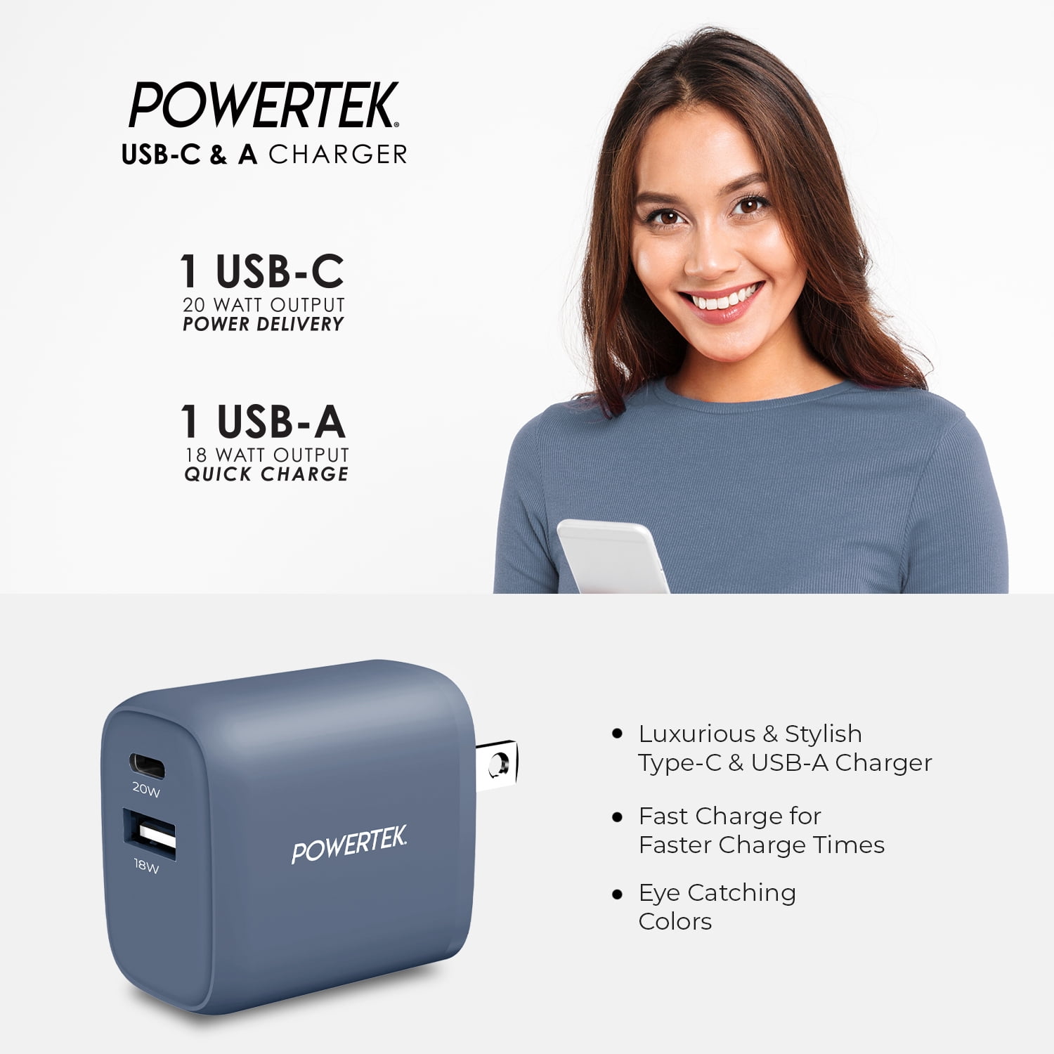 Liquipel Powertek Corduroy 20W Combo Wall Charger - Blue