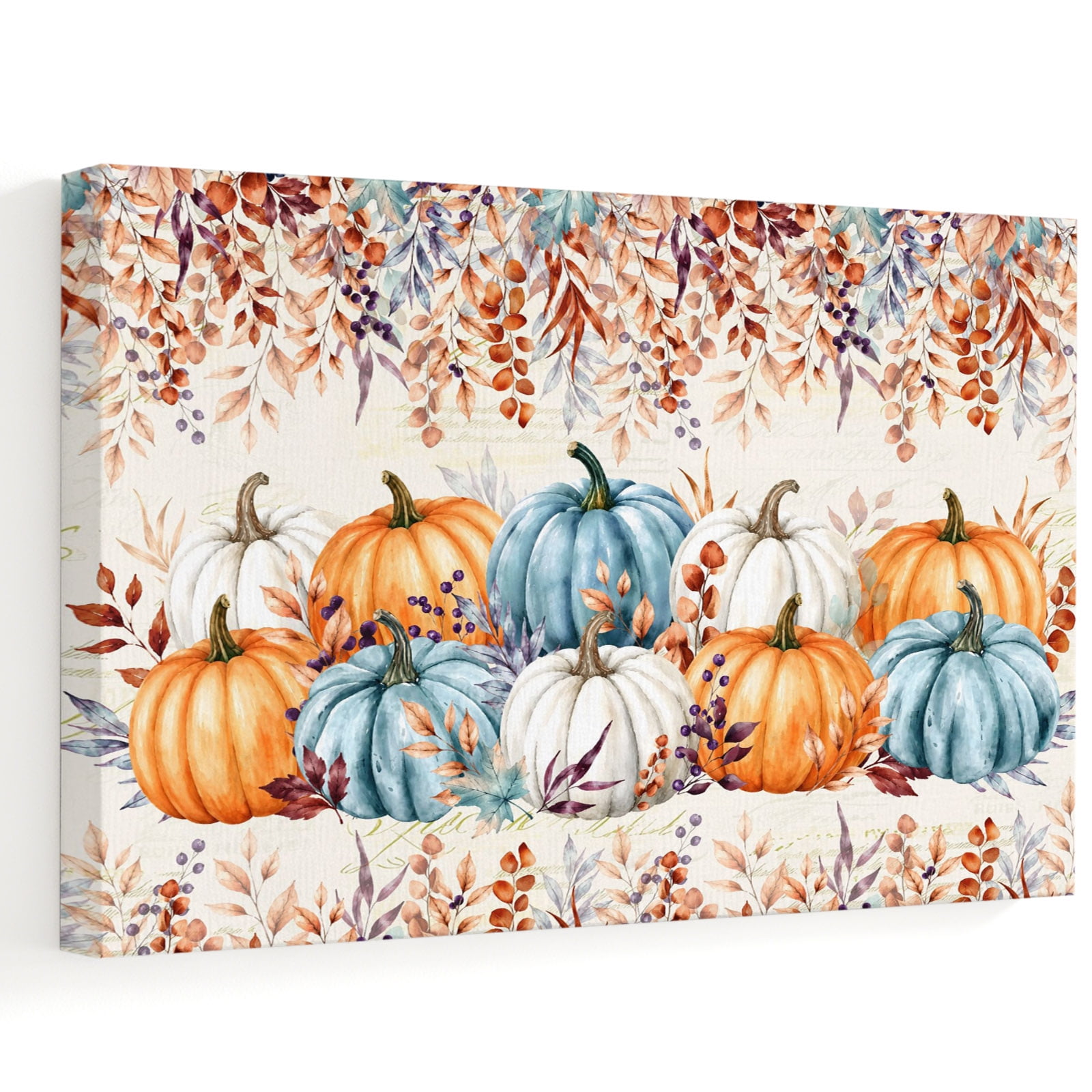 Thanksgiving Canvas Wall Art White Orange Blue Pumpkin Eucalyptus Leaf Rustic Wall Art Prints Artwork Framed Canvas Ready to Hang Art Pictures for Bathroom Nightstand Narrow Hallway 14 x 11