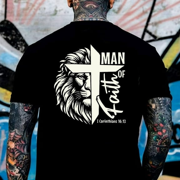 Men's T-Shirt with Lion Cross Print & "Man of Faith" - Clear Statement of Faith (1 Corinthians 16:13)