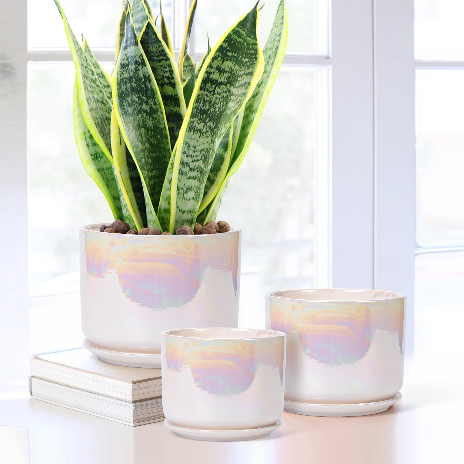 BUYMAX Plant Pots, 4+5+6 Inch Pots for Indoor Plants,Ceramic Planter Pot with Drainage Hole,Flower Pots for Succulent Cactus,Set of 3 - Rainbow Pearl Glaze