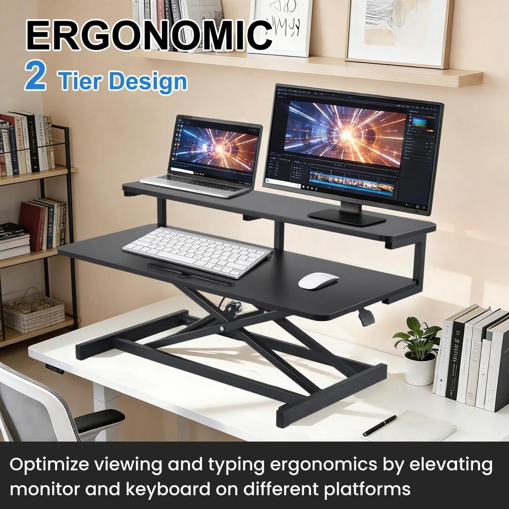 37" Sit Stand Up Desk Riser with Keyboard Tray, Stable Desktop Workstation Riser for Monitors and Laptop, Height Adjustable for Home Office, Black