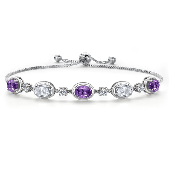 Gem Stone King 925 Sterling Silver Purple Amethyst and White Topaz and Moissanite Tennis Bracelet for Women | 4.25 Cttw | Gemstone February Birthstone | Oval 7X5MM | Fully Adjustable 10 inch