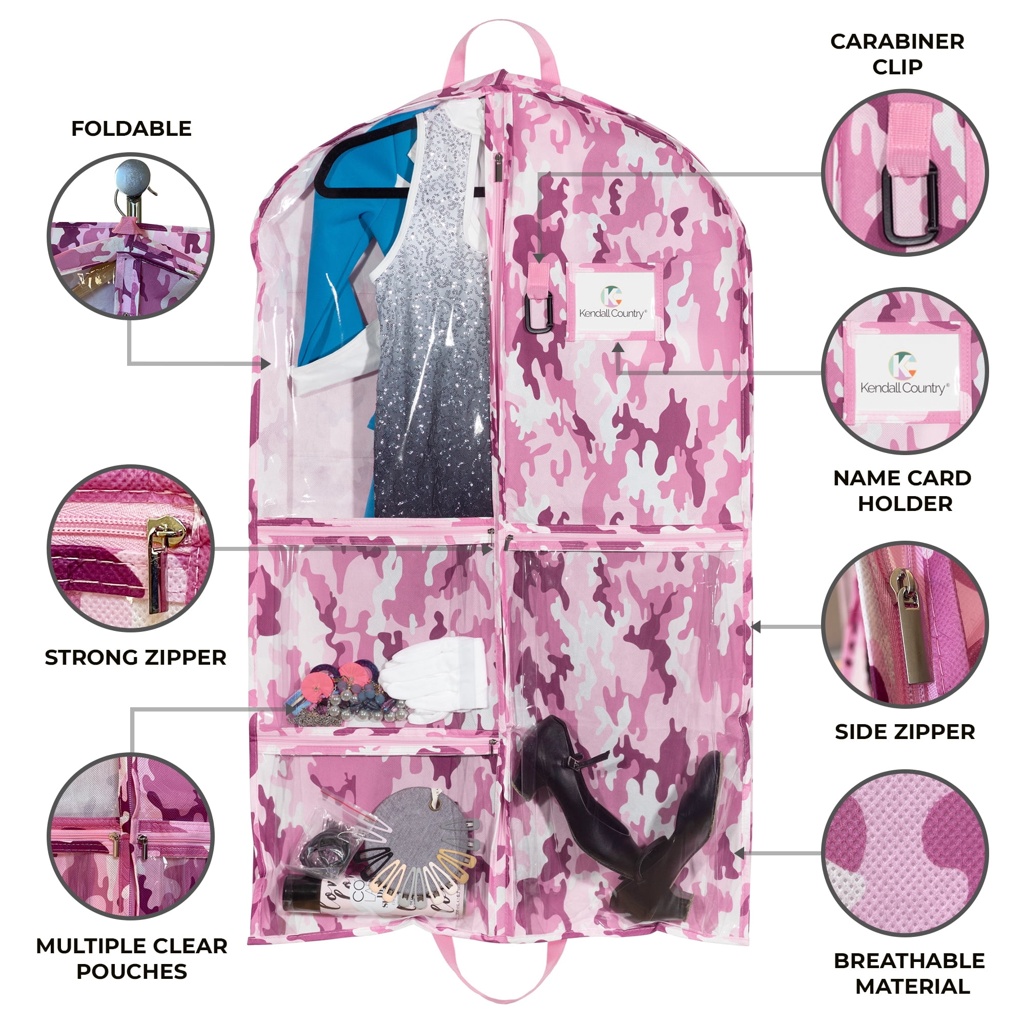 Kendall Country Dance Garment Bag Costume Organizer for Dancers, Beauty Pageants, Sports, Gymnasts, Figure Skaters, Travel and more - Camo Pink 40 inch Long