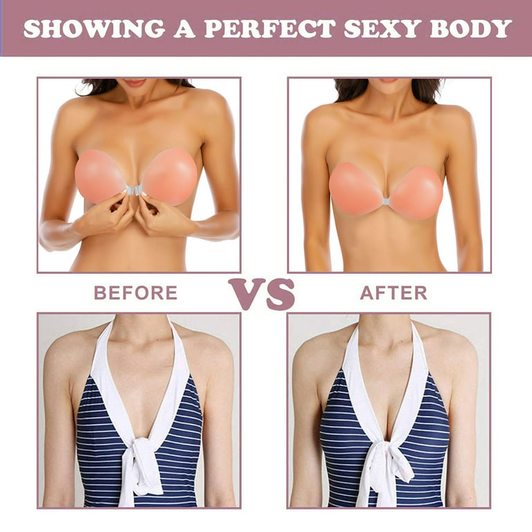 Silicone Self Adhesive Push Up Bra Backless Strapless Drawstring Invisible  Bra Nipple Sticker Covers For Women Wedding P Color Khaki Cup Size D
