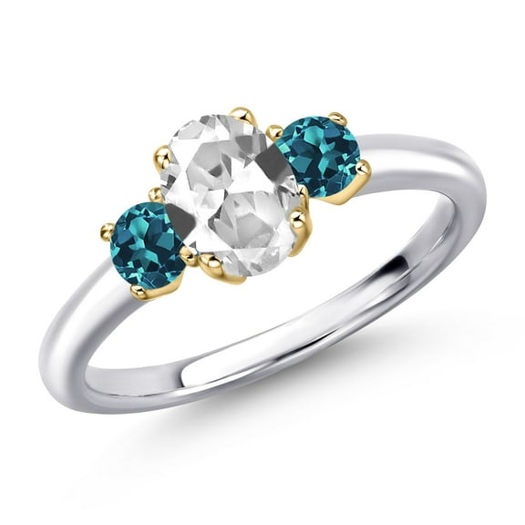 Gem Stone King 925 Silver and 10K Yellow Gold White Created Sapphire and London Blue Topaz Engagement Ring for Women | 1.44 Cttw | Oval 7X5MM | Gemstone September Birthstone | Size 5