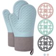 thumbnail image 1 of Silicone Oven Mitts Heat Resistant, Oven Mitts and Pot Holders Sets, Kitchen Mittens 5 Piece Set, Oven Gloves for Cooking,Baking,BBQ, Blue Oven Mitts, 1 of 5