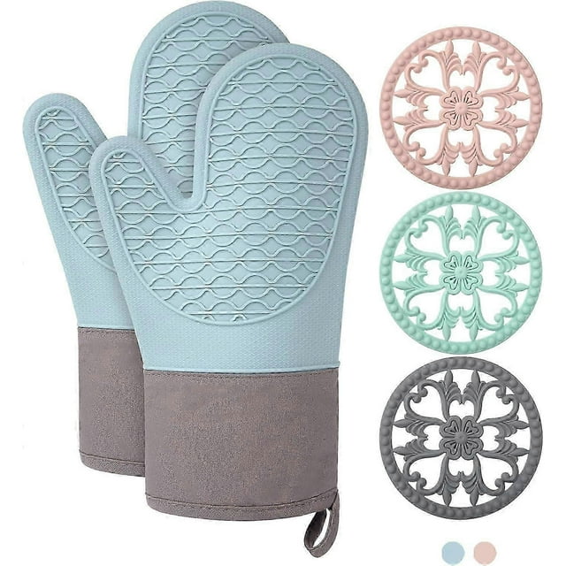 Silicone Oven Mitts Heat Resistant, Oven Mitts and Pot Holders Sets, Kitchen Mittens 5 Piece Set, Oven Gloves for Cooking,Baking,BBQ, Blue Oven Mitts