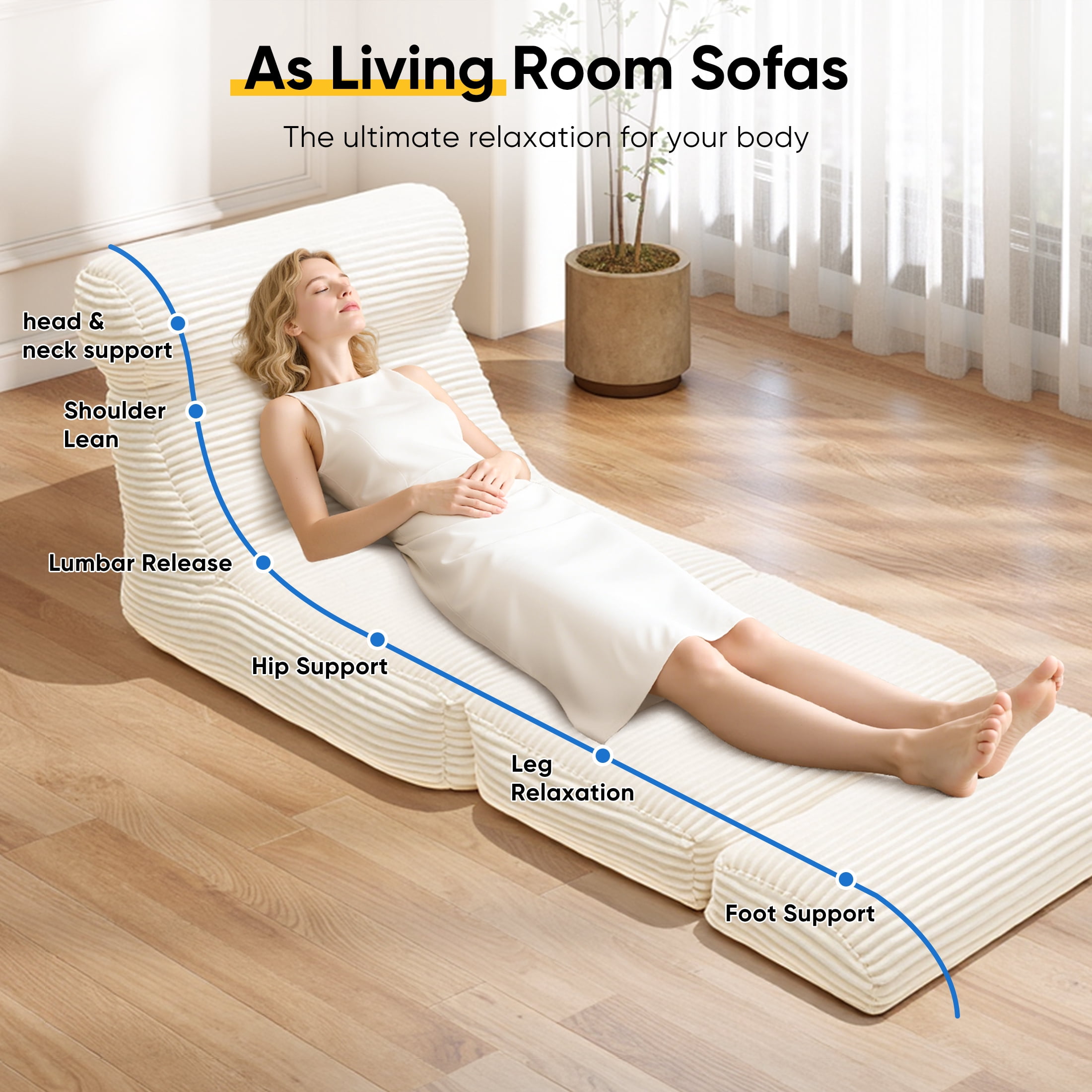 edx 3-in-1 Convertible Bean Bag Chair Bed, Multi-functional Floor Sofa with Back Support, Portable Lazy Lounger & Sleeper, High-Density Foam Gaming Chair for Adults, No Assembly, White