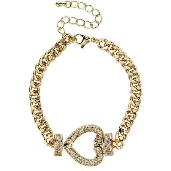 Giorgio Bergamo Gold Plated Trendy Cuban, Curb Link Micro Pave Heart Bracelet, Clear