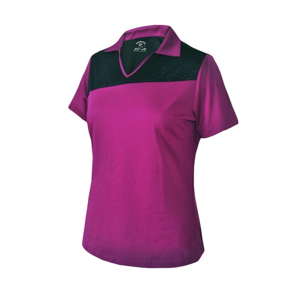 Monterey Club Women's Rhinestones Contrast Block Golf Polo Shirt 2094