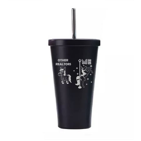 

16 oz Stainless Steel Double Wall Insulated Tumbler Pool Beach Cup Travel Mug With Straw Realtor Superstar Unicorn Funny Real Estate Agent (Black)