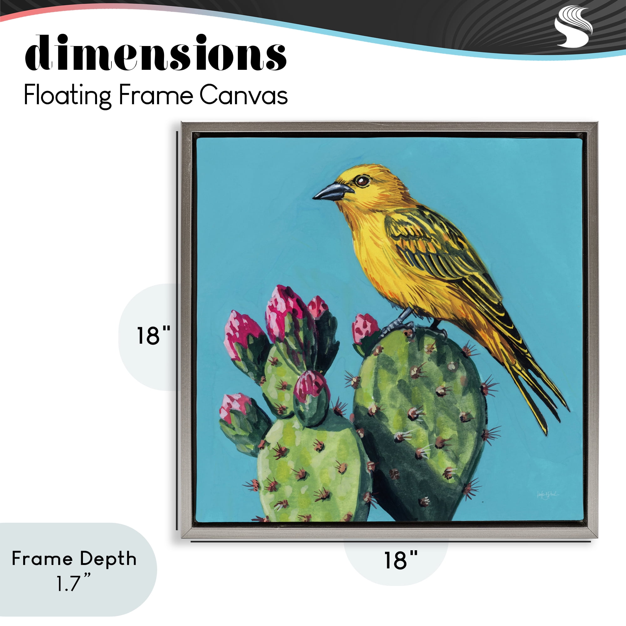 Stupell Industries Yellow Bird on Cacti Bloom Gray Framed Floater Canvas Wall Art, design by Kate Jarvik Birch
