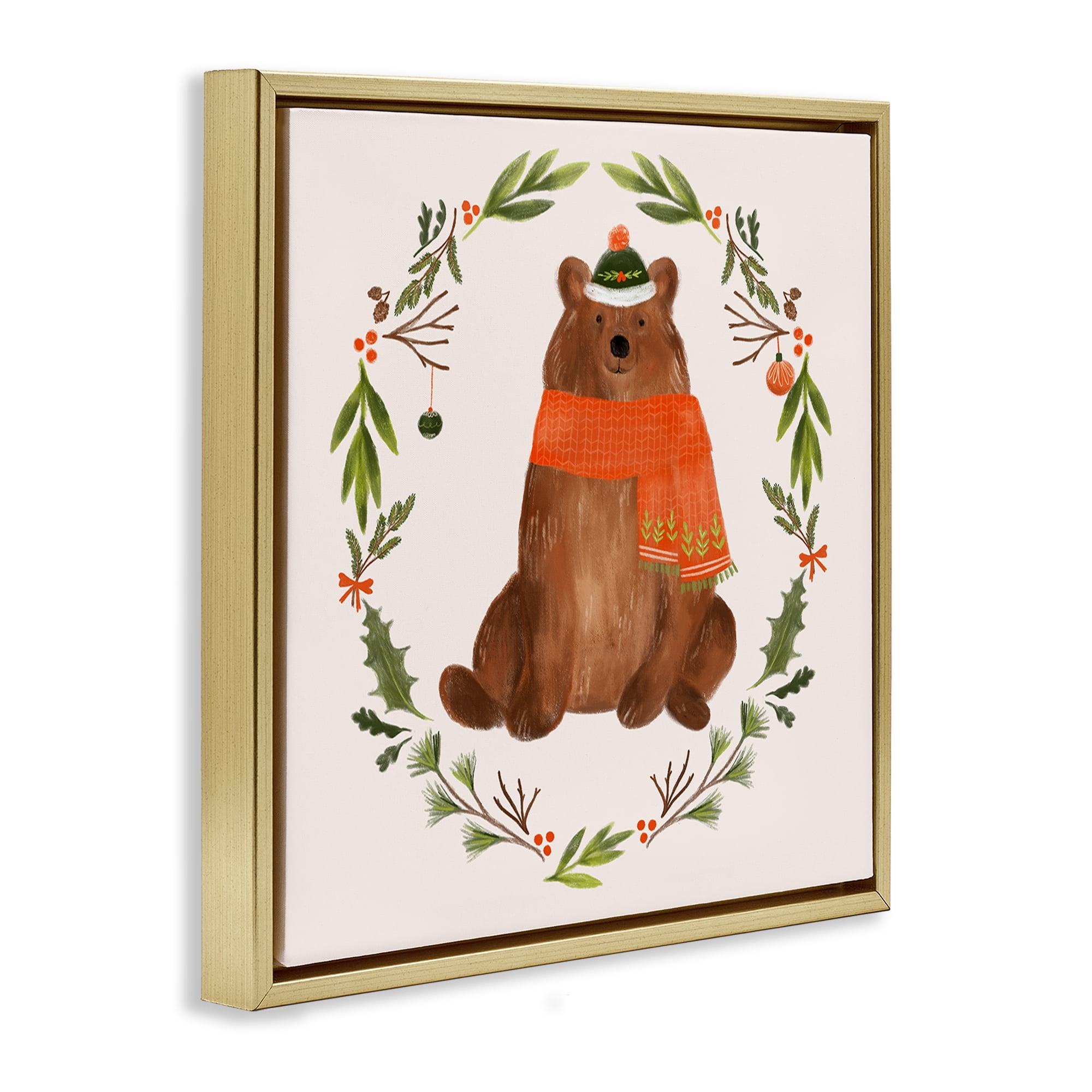 Stupell Industries Holiday Bear Wreaf Holiday Painting Gold Floater Framed Canvas Art Prints Wall Art, 18 x 18